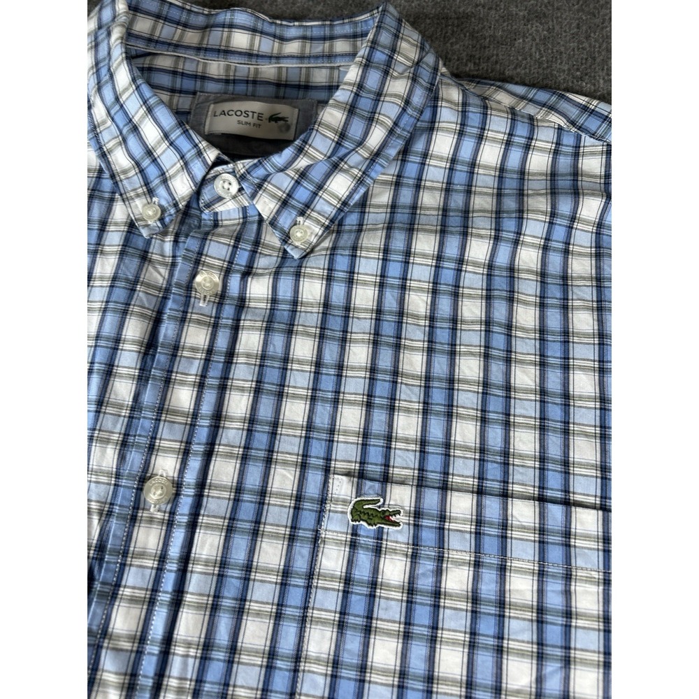 Men Lacoste Men's Slim Fit Stretch Plaid Shirt White/Blue Slim Fit XXL 46
